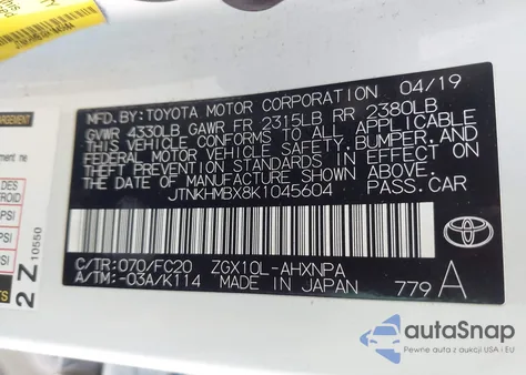 2019 Toyota C-Hr Le из США, поврежденный, VIN JTNKHMBX8K1045604